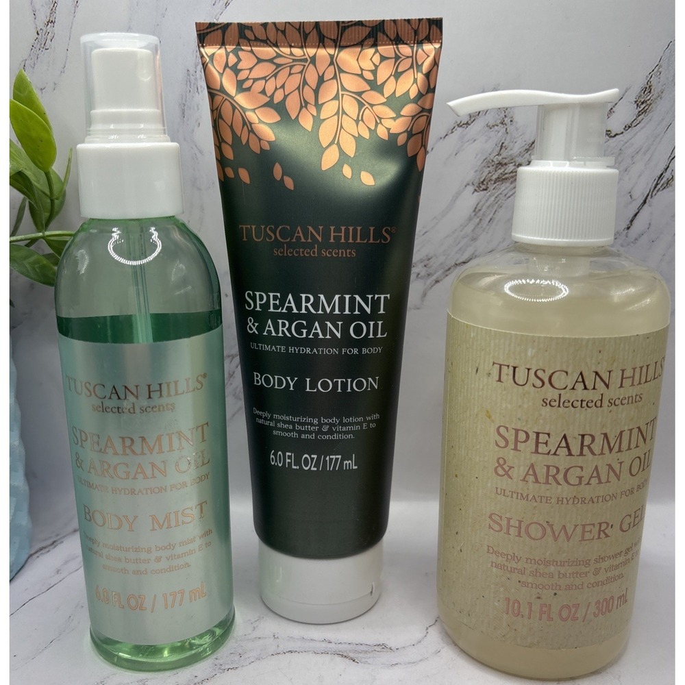 NEW Tuscan Hills Spearmint & Argan Oil Body Mist Body Lotion & Shower Gel Set-3